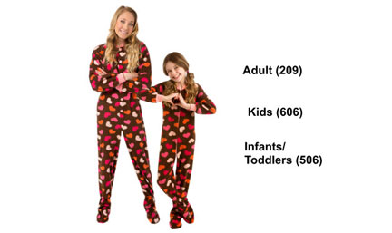 Matching Chocolate Brown w/ Hearts Fleece Footed Pajamas Sets