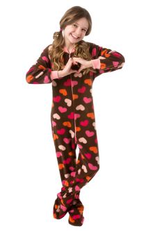 Chocolate Brown With Colorful Hearts Fleece Onesie Footed Pajamas for Girls