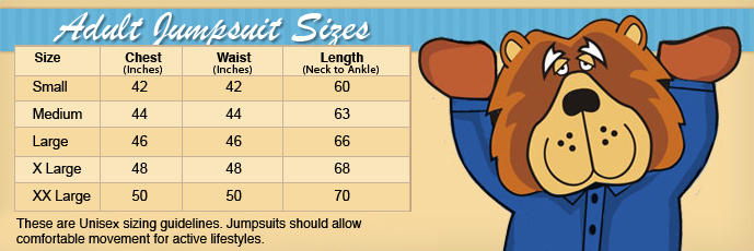 Big Feet PJs Adult Jumpsuit Size Chart