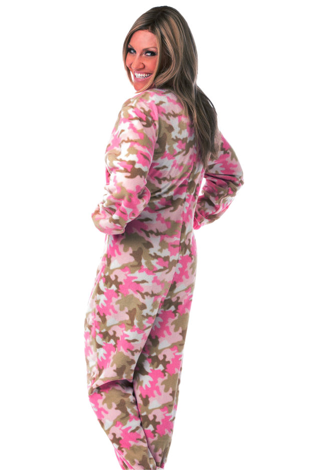 Pink Camouflage Fleece Onesie Pajama for Women, Footless