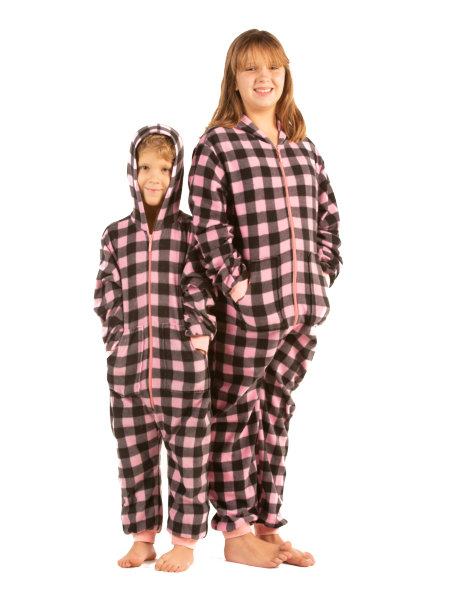 Kids Pink & Black Buffalo Plaid Fleece Onesie Jumpsuit Pajamas With Hood